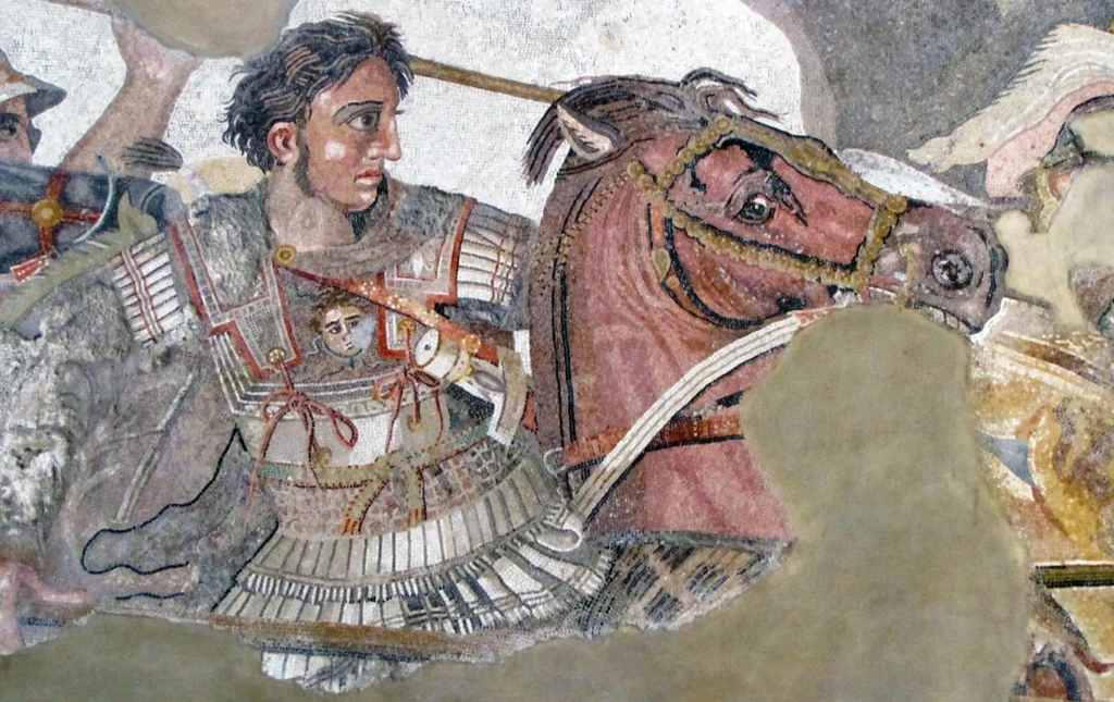 Detail of Alexander the Great, Alexander Mosaic, created in the 2nd century B.C.E., from the House of the Faun in Pompeii, reconstructed in the National Archaeological Museum, Naples